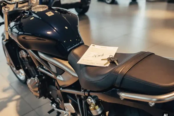 Glanzende motorfiets in showroom met getekend financieringscontract en sleutels op het lederen zadel.
