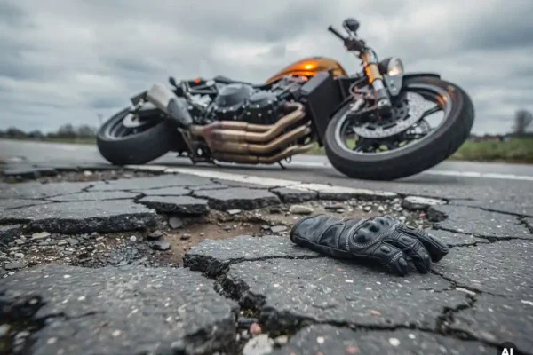 Omgevallen motorfiets op beschadigd asfalt met kuilen in België, rijhandschoen op de grond, wiel nog draaiend, bewolkte lucht.