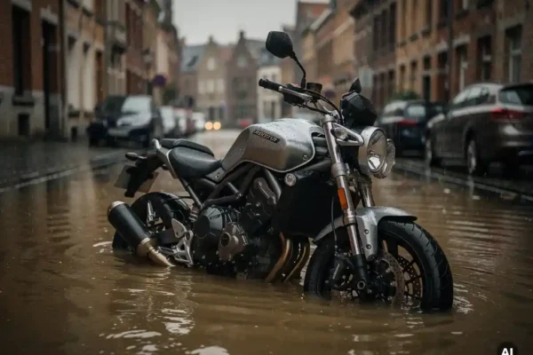 Motor half ondergedompeld in bruinig overstromingswater op een Belgische straat, met rijen overstroomde rijhuizen op de achtergrond.