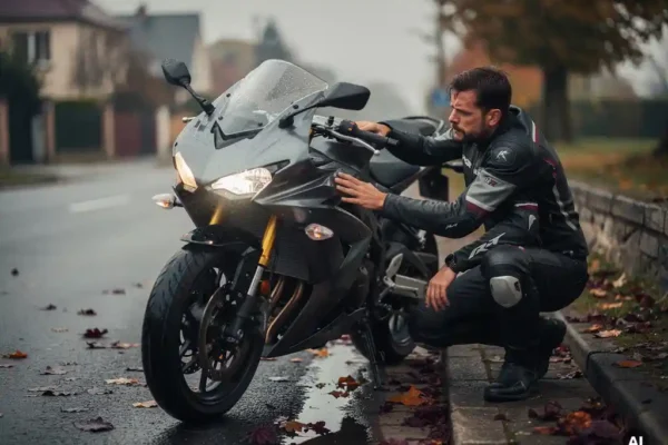 Bezorgde motorrijder hurkt naast zijn beschadigde motorfiets op een natte Belgische wegkant, omringd door herfstbladeren.