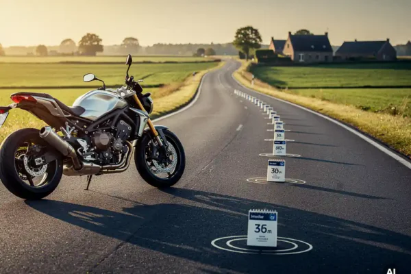 Glanzende motorfiets op een Belgische landweg in gouden middaglicht, met mijlpaalmarkeringen in het asfalt die claimvrije rijjaren symboliseren.