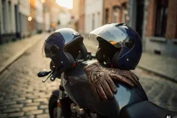 Motorfiets geparkeerd op Belgische kasseienstraat met twee helmen op zadel en leren rijhandschoenen op tank, gouden middaglicht.