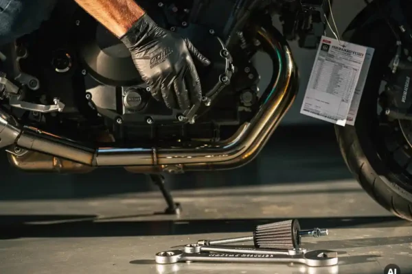 Monteur past chromen uitlaat aan op zwarte motorfiets, met verzekeringsDocument en gereedschap op garagevloer.
