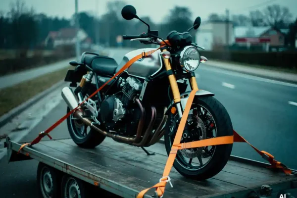 Motorfiets vastgezet met oranje spanriemen op een aanhangwagen langs een Belgische weg, bewolkt daglicht.