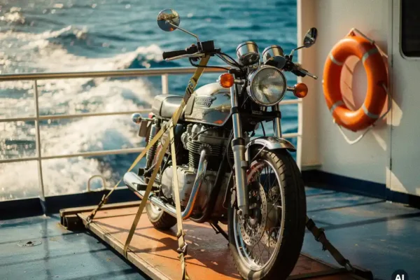 Klassieke motorfiets vastgebonden op het autodek van een veerboot, met oceaangolven, oranje reddingsboei en chromen stuur in mediterraan zonlicht.