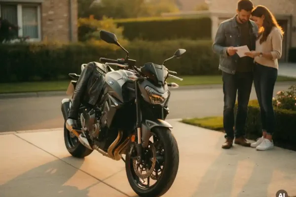 Stel wisselt documenten uit bij een motorfiets in een Belgische oprit, met leren jas en reservesleutel op het zadel.