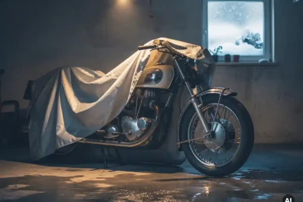 Klassieke motorfiets onder beschermhoes in wintergarage, chroomdetails verlicht door gloeilamp, sneeuw zichtbaar door beslagen raam.