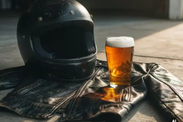 Motorhelm en onaangeroerd glas amber bier op een versleten leren jack, waarschuwend beeld over rijden onder invloed.