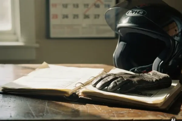 Motorhelm en leren handschoen naast een open schadeclamdossier op een houten bureau, met een kalender op de achtergrond.