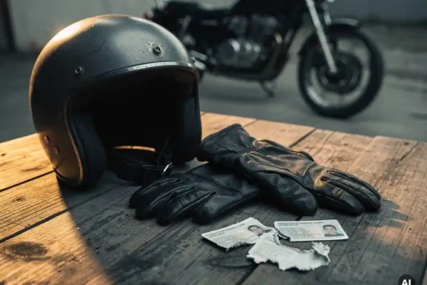 Motorhelm en leren handschoenen op houten tafel naast een gescheurd rijbewijs, met een motor op de achtergrond.
