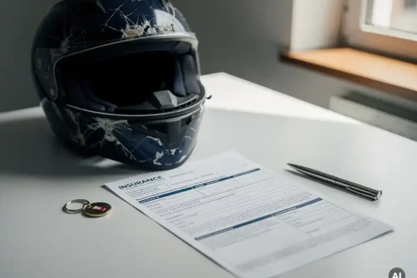 Beschadigd motorhelm naast een ingevuld schadeclaimformulier op een bureau, met sleutels en een pen, in zacht natuurlijk licht.