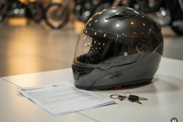 Glanzende motorhelm op showroomvloer naast ongetekend verzekeringsdocument en sleutels, met chroommotoren op de achtergrond.
