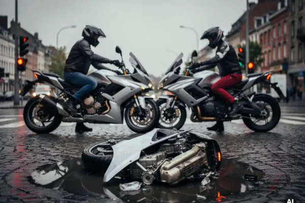 Twee motorrijders na een aanrijding op een regennat Belgisch kruispunt, schade aan een verkreukelde spatbord zichtbaar op de voorgrond.