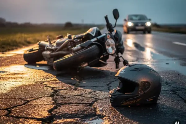 Omgevallen motorfiets op nat Belgisch wegdek na aanrijding, helm op de grond, vluchtend voertuig op de achtergrond, gouden uurticht.