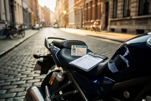 Glanzende motorfiets op Belgische kasseienstraat met buitenlands rijbewijs en Belgisch verzekeringsdocument op het zadel.