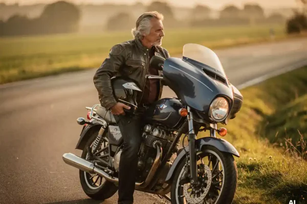 Ervaren motorrijder met zilvergrijs haar leunt tegen een klassieke toermotor langs een Belgische weg in gouden avondlicht.