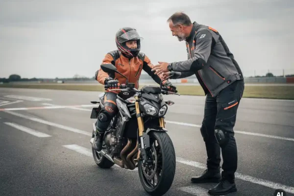 Motorrijder in oranje rijjas op naked streetbike ontvangt instructie van coach op Belgisch oefenterrein onder bewolkte lucht.