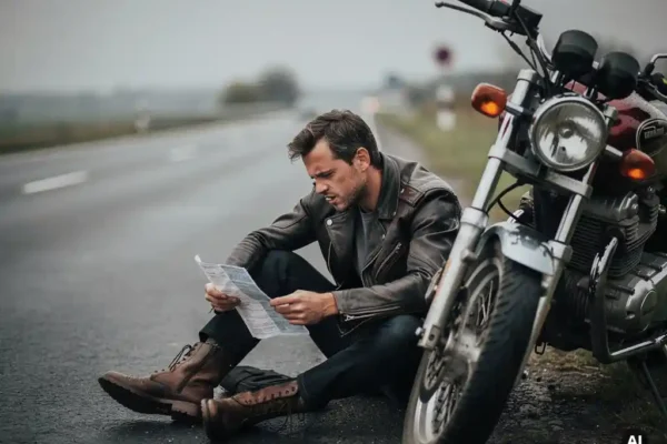Gefrustreerde motorrijder in leren jack naast geparkeerde motor op Belgische weg, verfrommeld verzekeringsdocument in hand.