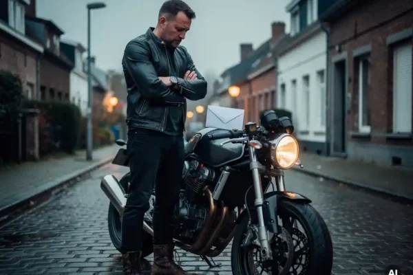 Gefrustreerde motorrijder in leren jas met gekruiste armen naast geparkeerde motor op Belgische straat, ongeopende envelop op de tank.