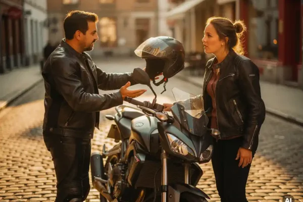 Twee vrienden op een zonnige Belgische kasseienstraat, één reikt aarzelend een helm aan de ander bij een geparkeerde motor.