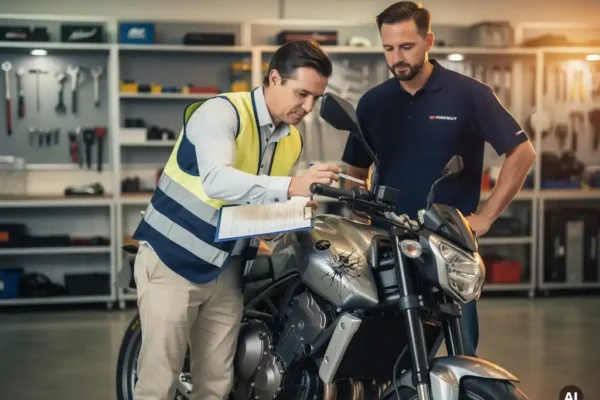 Schade-expert onderzoekt beschadigde motorfietsscherm met klembord en meetinstrument, onafhankelijke expert observeert in Belgische garage.