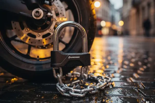 Motorslot en zware kettingslot op het achterwiel van een geparkeerde motor op natte Belgische kasseien, verlicht door warm amber straatlicht.
