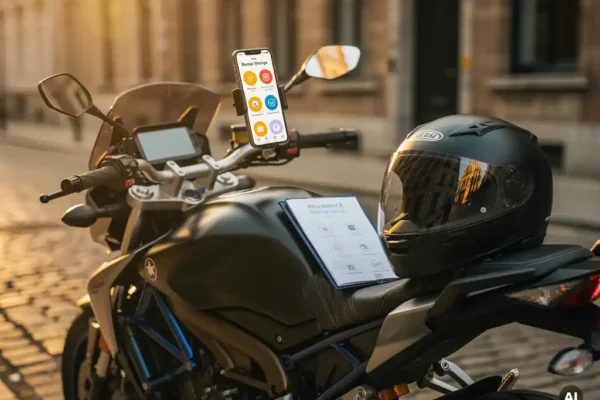 Motorfiets geparkeerd langs Belgische stoep met smartphone op stuur waarop deelapp zichtbaar is, helm en verzekeringsdocument op zadel.