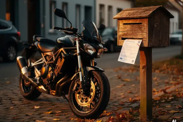 Motorfiets geparkeerd op een Belgische kasseienstraat naast een verweerde houten brievenbus met een verzekeringsdocument erin.