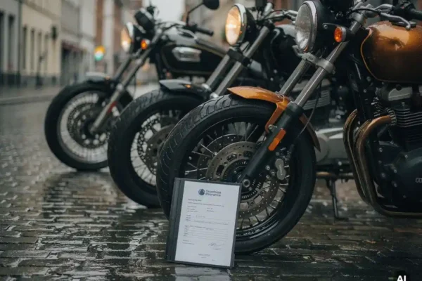 Drie motorfietsen geparkeerd op natte Belgische kasseien, met een verzekeringsdocument tegen het voorwiel van de dichtstbijzijnde motor.