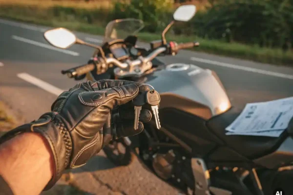 Berijder met leren handschoenen houdt twee motorsleutels boven een moderne motor langs een Belgische weg, verzekeringsdocumenten onder de arm.