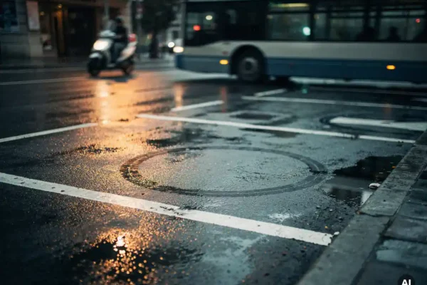 Leeg motorparkeerplak op nat stadsasfalt met bandenspoor, stadsbus op de achtergrond, amberkleurig straatlantaarnlicht.