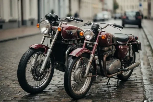Nieuwe bordeauxrode motorfiets naast een verweerde vintage motor op Belgische kasseien, gefotografeerd op ooghoogte bij bewolkt daglicht.