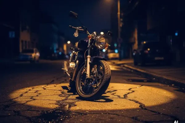 Verlaten motorfiets onder oranjegeel straatlantaarn op nat, gebarsten asfalt met hangende zijspiegel en lange schaduwen in de nacht.